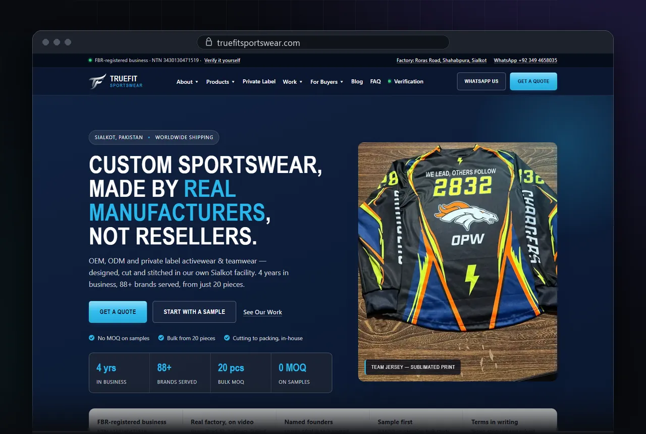 Screenshot of truefitsportswear.com: a custom sportswear manufacturer in Sialkot offering OEM, ODM and private label, with quote and sample buttons