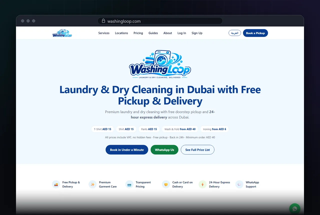 Screenshot of washingloop.com: laundry and dry cleaning in Dubai with free pickup and delivery, per-item prices and a book-in-under-a-minute button